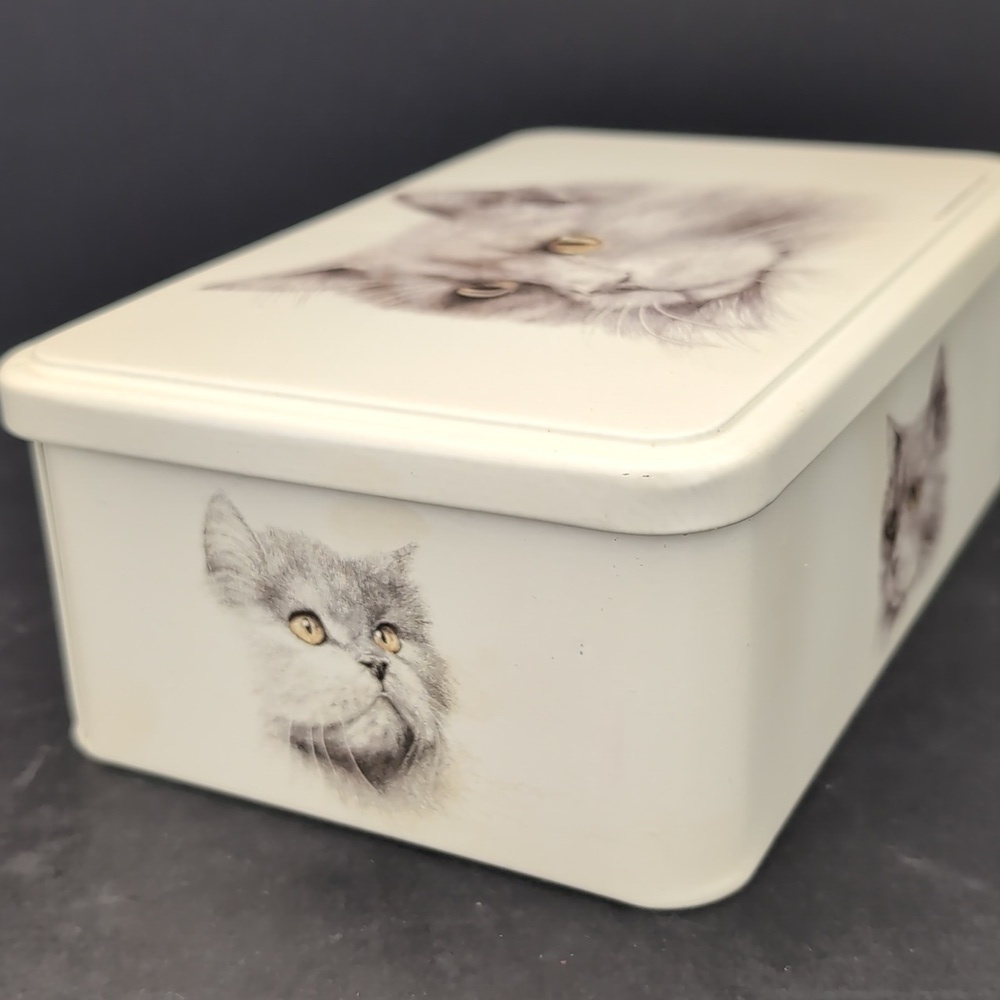 VGT,Massilly France Rectangular Off-white Lidded Tin with Cat Illustrations. - Picture 2 of 13